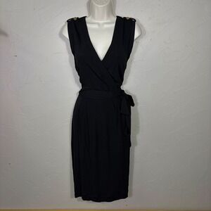 NWT Banana Republic Wrap Dress Womens Medium Black Gold Button Minimalist